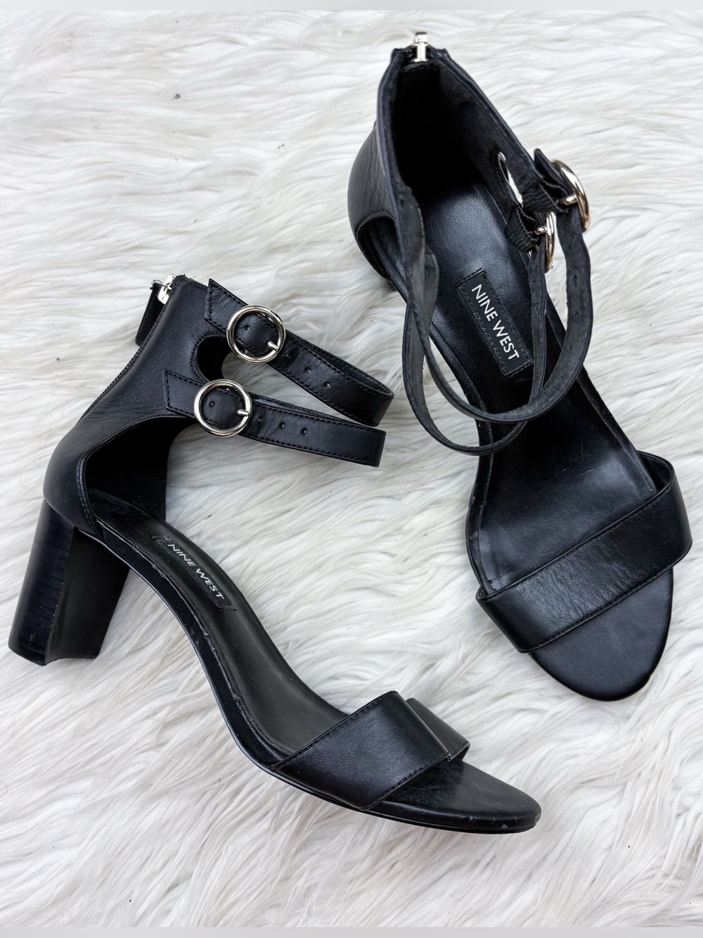 Nine West Parlans Black Leather Double Ankle Strap Sandal Open Toe Heels 7.5